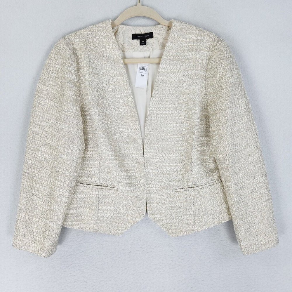 Ann Taylor Blazer Jacket Womens 10 Ivory Gold Metallic NEW Classic Lightweight -